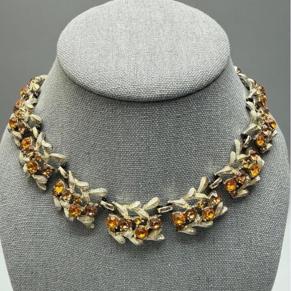 Vintage MCM Gold Tone Leaf‎ Link Choker Necklace 14" Orange Brown Rhinestones